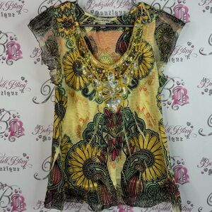 Live and Let Live tshirt sequin embroidered sparkly shimmer Yellow Floral Blouse
